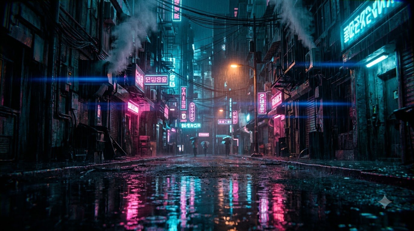 Rain-soaked neon alley generated from the cyberpunk scene prompt